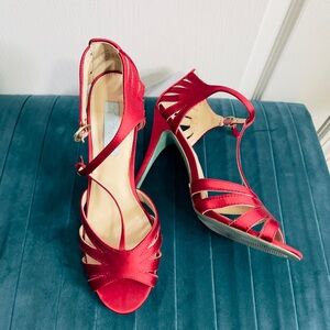Blue by Betsey Johnson T-strap satin heel sandals in red 9.5